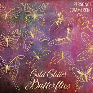 Gold Glitter Butterfly Clipart, Hand-Drawn Butterflies, Instant Download, PNG Commercial Use