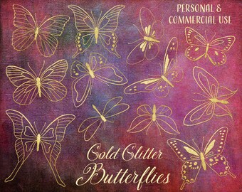 Gold Glitter Butterfly Clipart, Hand-Drawn Butterflies, Instant Download, PNG Commercial Use