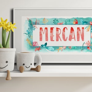 Printable Watercolor Sea Creatures with Personalized Name Poster - Customized - Underwater Painting