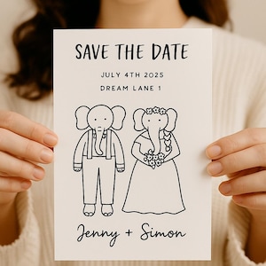 Convite de casamento engraçado, convite editável para salvar a data com design fofo de elefante