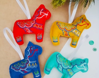Embroidered Scandinavian Dala Horse Hanging Christmas Decorations