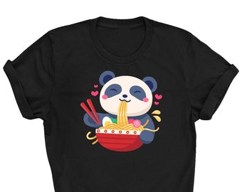 Kids Panda & Ramen T-Shirt, Boba Tea T-shirt, Japanese Tea, Harajuku Outfit, Kawaii Cartoon Panda With Ramen, Food Clothing, Anime Clothing