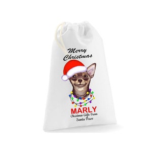 Sacco di Natale marrone Chihuahua personalizzato, sacchetto regalo per cani personalizzato, sacchetto regalo per cani Chihuahua, borsa regalo per cani