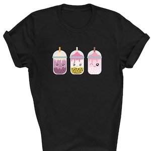 Camiseta de té de burbujas para niños, camiseta de té Boba rosa y morado, té japonés, atuendo Harajuku, dibujos animados kawaii, ropa de comida asiática, ropa de anime