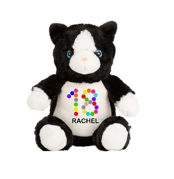 Gato blanco y negro personalizado para 18 cumpleaños, osito de