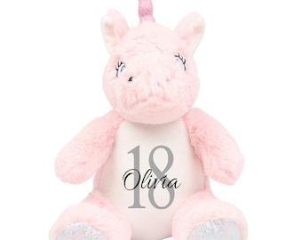 Peluche de unicornio rosa personalizado para 18 cumpleaños