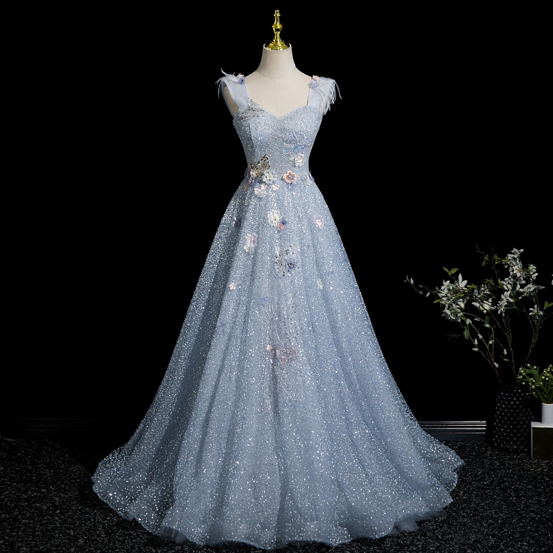 Silver Sweetheart Flower Prom Dress, Delicate Strapless Tulle Prom Dress, Party Prom Dress, Formal Evening Long Prom Dress, Custom Sizes