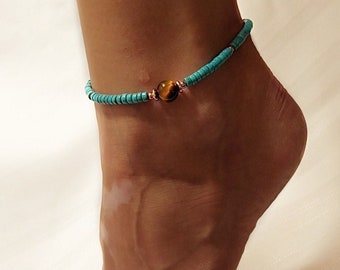 Genuine Heishi Turquoise Tiger Eye  Stretch Anklet