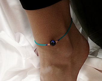 Blue Tiger Eye Turquoise/Copper Beaded Anklet