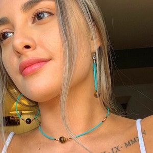 925 Sterling Silver Tiger Eye Turquoise/Copper Hoop Earrings