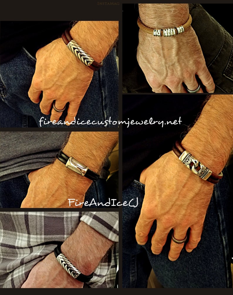 Stainless Steel/distressed Red Leather Mens Bracelet 2 Etsy