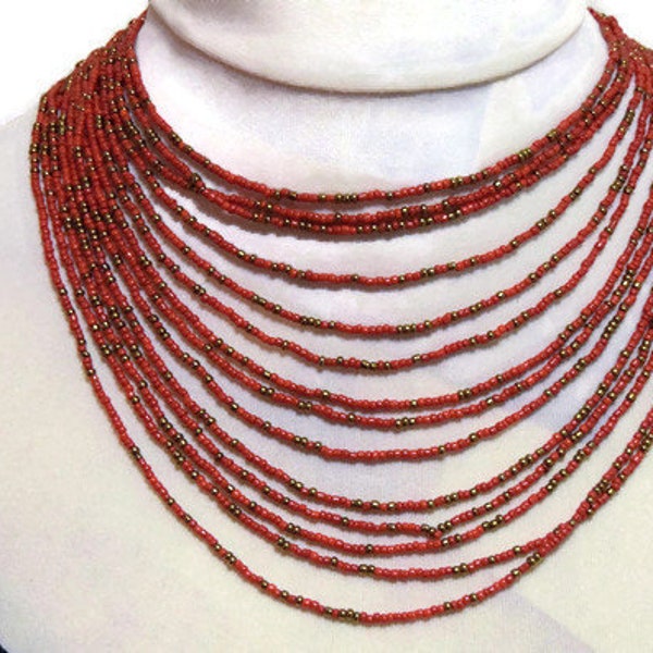 Red with Gold Specks, Beaded Necklace, Matinee Length, String Toggle Clasp, Indigenous Made, Ethically Sourced, Statement Handmade Piece