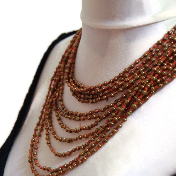 Orange, Red and Gold, Beaded Neckalce, Matinee Length, Beads and String Toggle Clasp, Indigenous Made, Ethically Sourced, Handmade Artisan