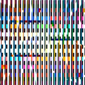 Può includere: Stampa d'arte astratta con un motivo geometrico colorato di linee verticali e quadrati in tonalità di rosso, blu, verde, giallo, nero e bianco.