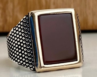 Mens ring agate gemstone bronze top edge square 925 sterling silver artisan handmade unique fashion jewelry
