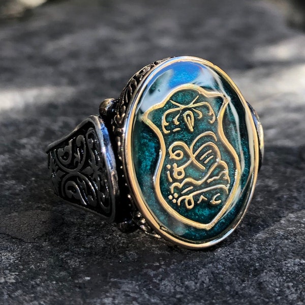 Men ring nalain shareef 925 sterling silver footprint of prophet mohammed bronze top green enamel islamic muslim religious handmade jewelry