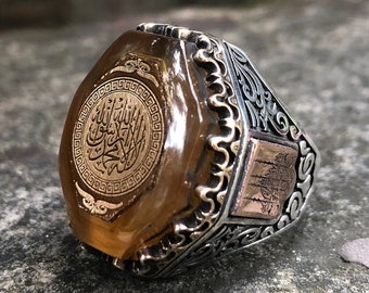 Bague homme jaune ambre pierre précieuse bronze kalima tawhid shadada 925 argent sterling artisanat fait à la main bijoux religieux musulmans islamiques