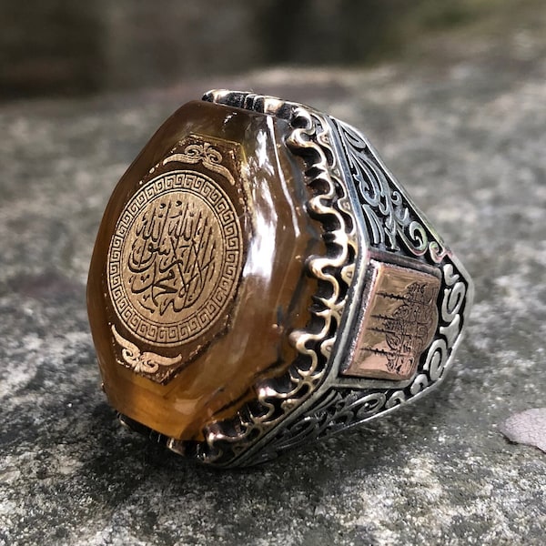 Bague homme jaune ambre pierre précieuse bronze kalima tawhid shadada 925 argent sterling artisanat fait à la main bijoux religieux musulmans islamiques