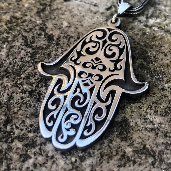 Hamsa pendant hand of fatima 925 sterling silver necklaces artisan handmade islamic talisman religious jewelry with foxtail chain