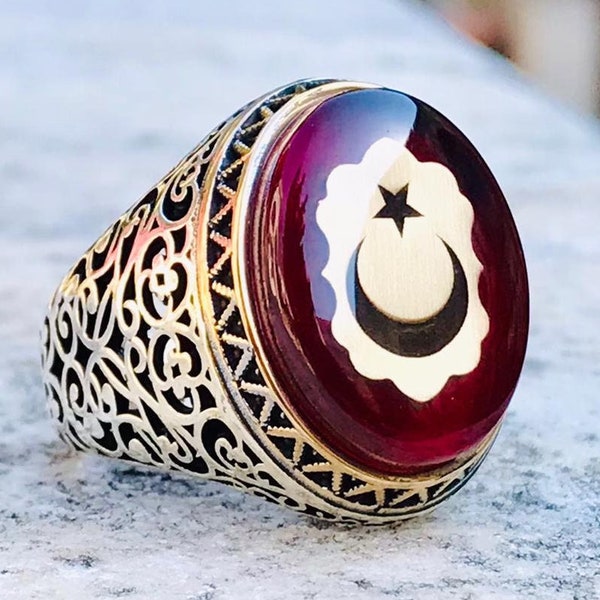 Men ring red amber gemstone 925 sterling silver bronze crescent star grand bazaar craftsman handmade ottoman islamic unique jewelry