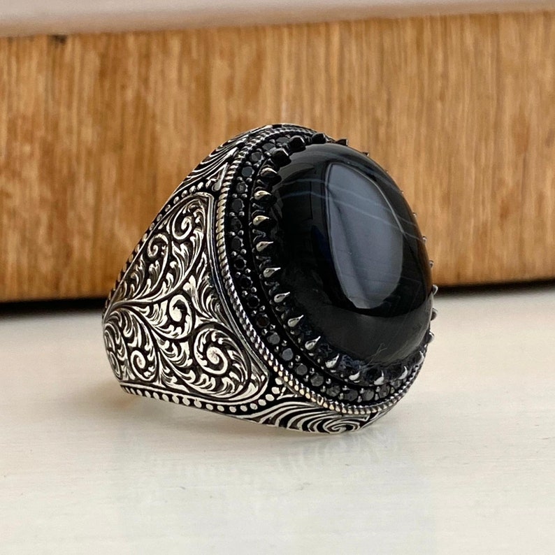 Men ring agate gemstone filigree 925 sterling silver unique Turkish artisan jewelry