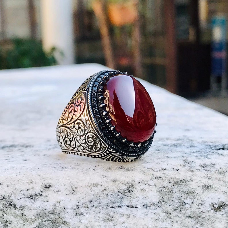 Men ring agate gemstone filigree 925 sterling silver unique Turkish artisan jewelry