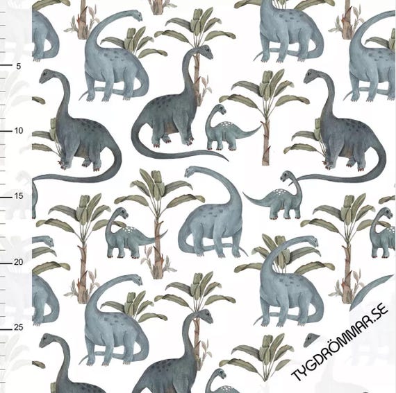 Tygdrommar Organic Single Jersey - Dinosaurs in Blue - Stoff