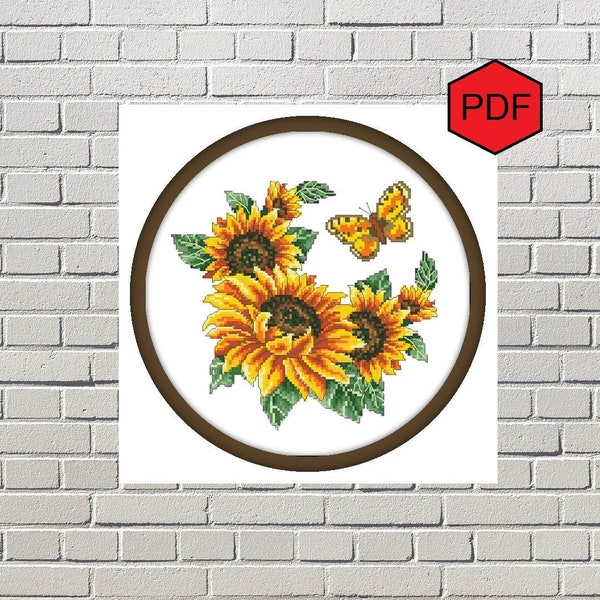 Butterfly and Sunflowers cross stitch pattern pdf, Floral cross stitch decor, Kitchen cross stitch sampler, Modern cross stitch decoration