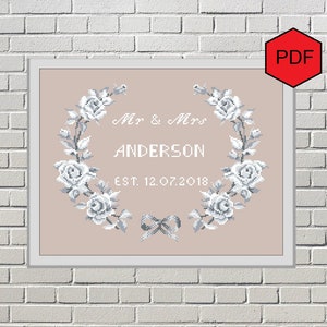 Rose Wedding cross stitch pattern pdf, Modern floral cross stitch sampler, Counted x-stitch pattern, Custom wedding gift for couple