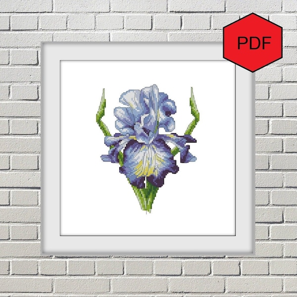 Blue iris cross stitch pattern pdf, Modern floral cross stitch, Blue flower kitchen cross stitch decoration, Counted cross stitch chart