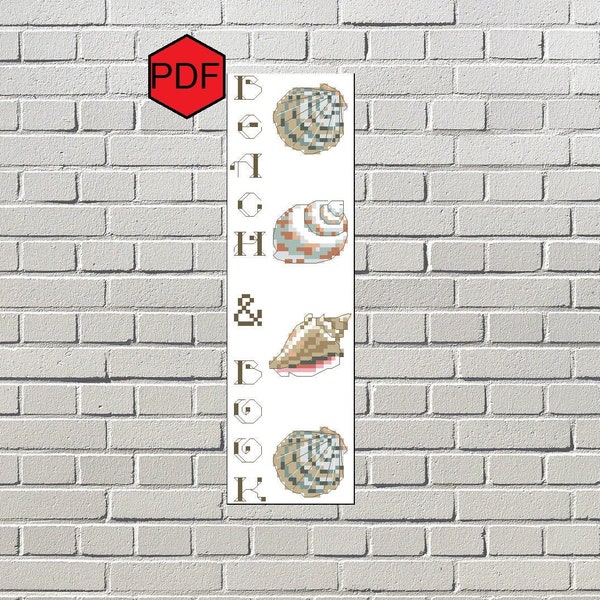 Beach and book bookmark, Seashell cross stitch pattern pdf, Nautical cross stitch pdf, Counted cross stitch chart, Sea bookmark, DIY