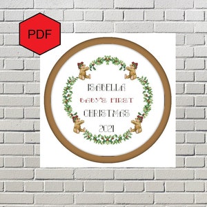 Personalized baby's first Christmas cross stitch pattern, Christmas baby bear home decor, Baby's Christmas wreath, Modern winter ornament