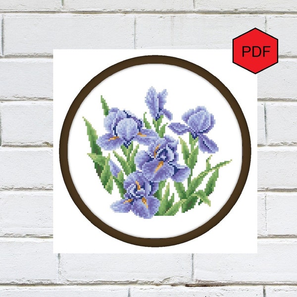 Iris cross stitch pattern pdf, Floral kitchen cross stitch decoration, Counted irises cross stitch, Modern blue flowers cross stitch, DIY