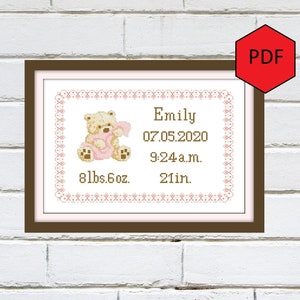 Baby birth announcement modern cross stitch pattern, Pink baby bear cross stitch pdf, personalized, baby girl nursery decor, DIY, digital