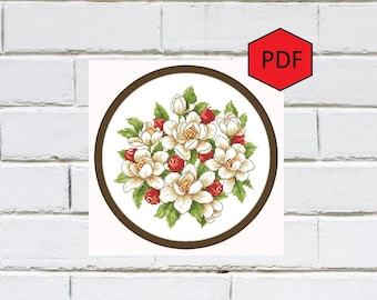 Magnolia cross stitch, Spring floral cross stitch pattern pdf, Nature, Bouquet, Counted floral cross stitch patterns, Modern home decor