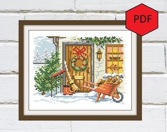 Christmas cross stitch pattern pdf, Christmas eve cross stitch embroidery, Winter morning xstitch sampler, Instant download chart pdf