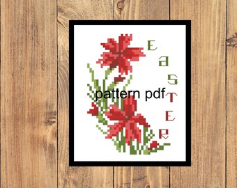 Easter cross stitch pattern pdf, Red flower cross stitch pattern pdf, Embroidery flower download pattern pdf,  Instant pattern digital