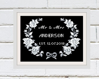 White rose wedding record, Cross stitch pattern pdf, Custom anniversary gift for couple, Instant dowload counted cross stitch chart #001-15