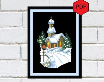 Winter night cross stitch pattern pdf, Christmas eve cross stitch embroidery, Church xstitch sampler, Instant download chart pdf