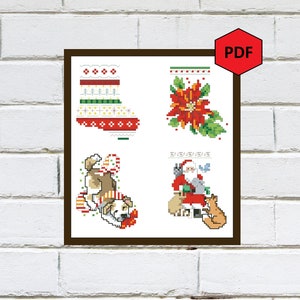 Set of 4 mini Christmas stocking cross stitch pattern pdf, Christmas cross stitch chart, Counted cross stitch stocking, Instant download pdf