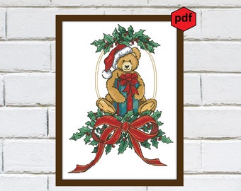 Christmas bear cross stitch pattern pdf, Christmas decor counted cross stitch embroidery, Christmas  xstitch sampler, Instant download chart