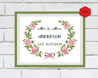 Wedding cross stitch pattern pdf, Rose Marriage cross stitch, Anniversary gift, Custom Mr and Mrs wedding gift, Pink rose wedding record