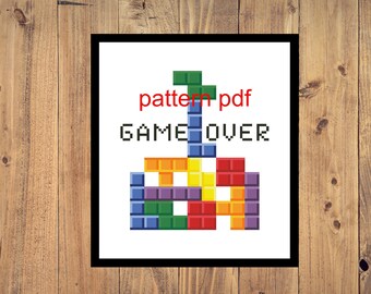 Game over cross stitch pattern pdf, Tetris e-pattern pdf embroidery, Player sampler download modern embroidery file, Instant  pattern pdf