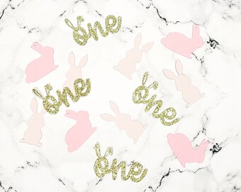 Some Bunny is One Confetti. Bunny Table Scatter. Easter Party Decorations. Pink and Gold Bunny Decor. Bunny Theme Birthday. Bunny Confetti.