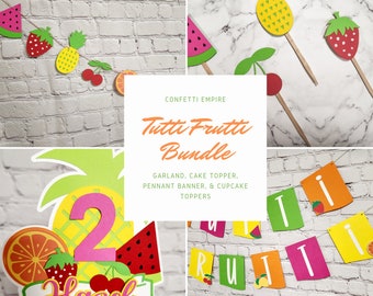 May include: A Tutti Frutti themed party bundle with a garland, cake topper, pennant banner, and cupcake toppers. The bundle features a variety of fruit designs, including pineapples, watermelons, strawberries, cherries, and oranges. The banner says "Tutti Frutti Bundle".