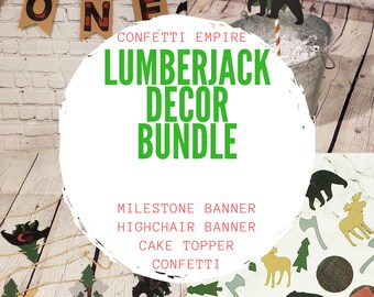 Lumberjack 1st Birthday Decor Bundle, Milestone Banner, Confetti