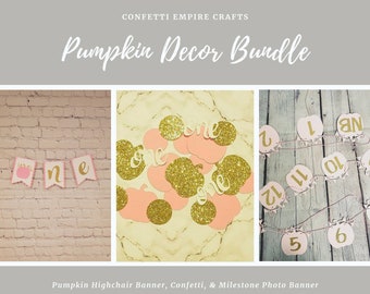 BUNDLE! Pumpkin Milestone Photo Banner, Pumpkin Confetti, and Pumpkin Highchair Banner. Little Pumpkin Party Decorations. Fall Party Decor.