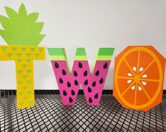 3d Tutti Frutti Letters. Two Fruit Birthday. Twotti Frutti Birthday. Tutti Fruitti Table Decor. Two-tti Fruity Party Centerpieces.