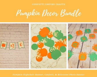 BUNDLE! Pumpkin Milestone Photo Banner, Pumpkin Confetti, and Pumpkin Highchair Banner. Little Pumpkin Party Decorations. Fall Party Decor.