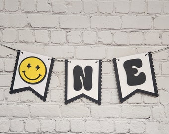 One Happy Dude Highchair Banner. One Cool Dude Party Decorations. Two Cool Birthday. Smiley Face Birthday Sign. Retro Banner. Electric Smile